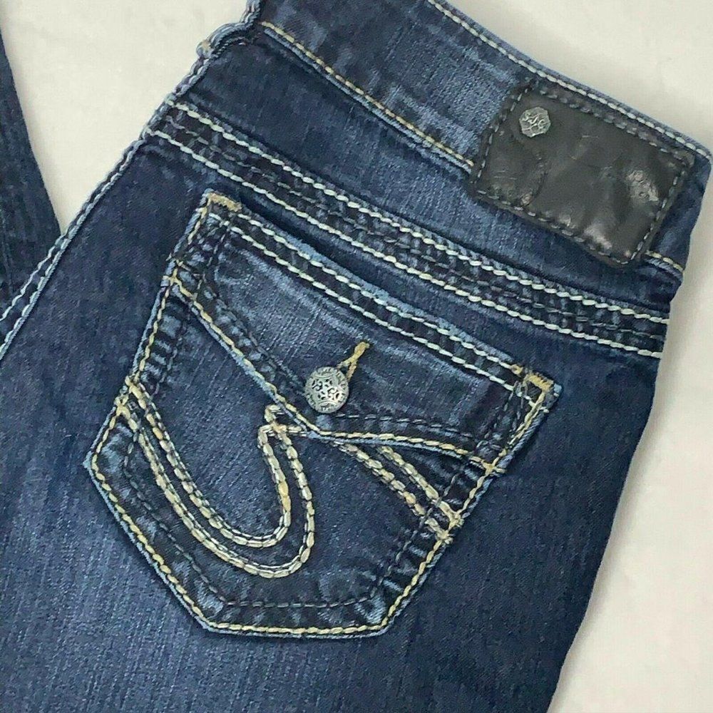 Silver Jeans Suki Skinny 28 Dark Wash Mid Rise Curvy 5 Pocket Embroidery Stitch